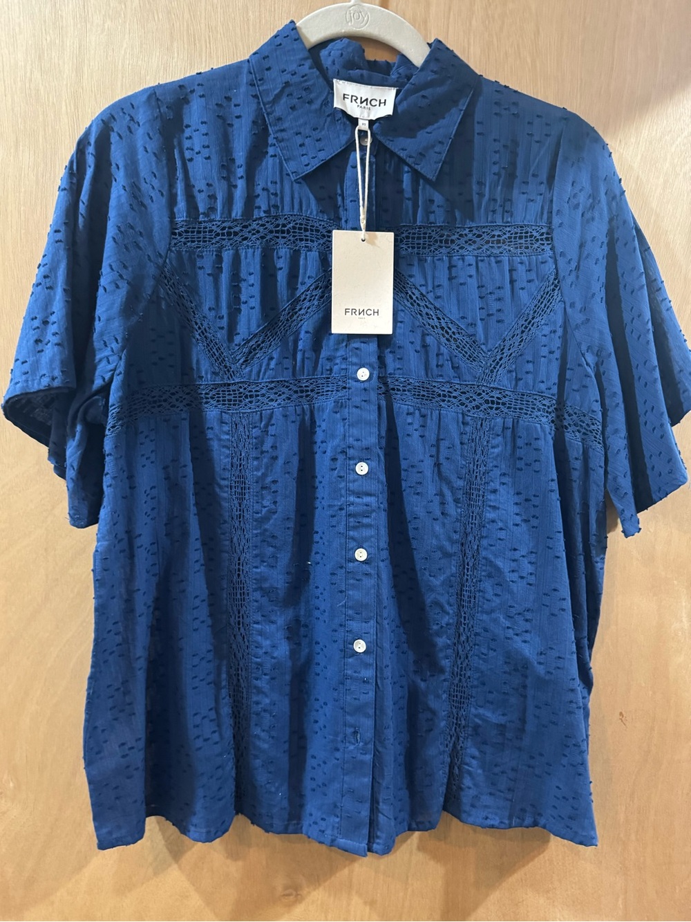 FRNCH Navy Blue Button-Front Short Sleeve Shirt with Lace Insets